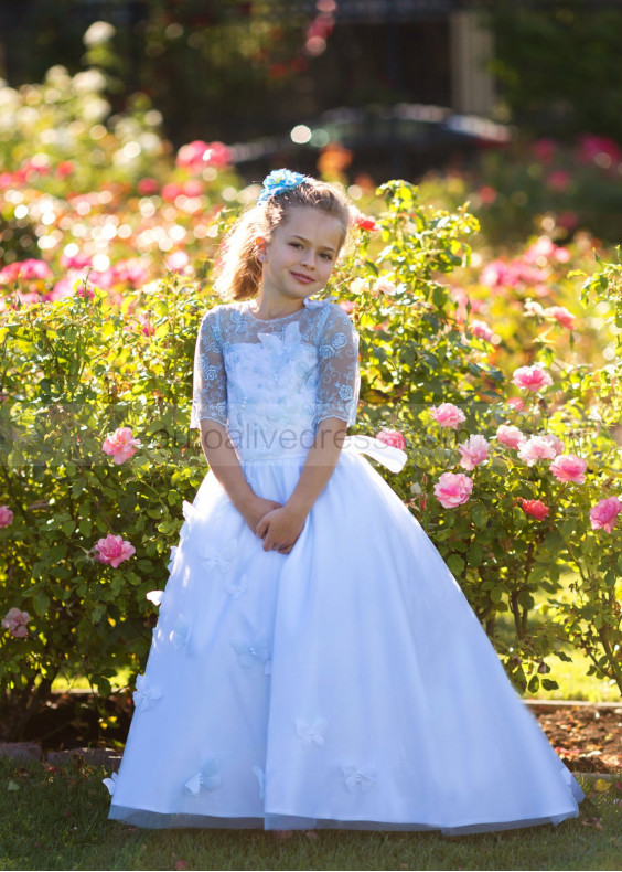 Blue Lace Tulle Keyhole Back Flower Girl Dress With Butterflies